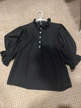 Black Ruffled Collar Puff-Sleeve Women's Top